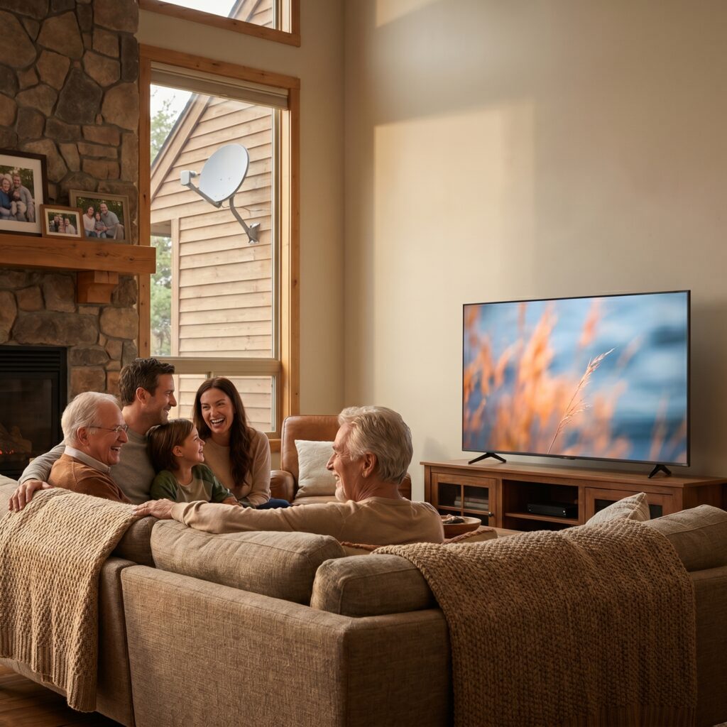 Family watching satellite TV at home with an outdoor dish installed