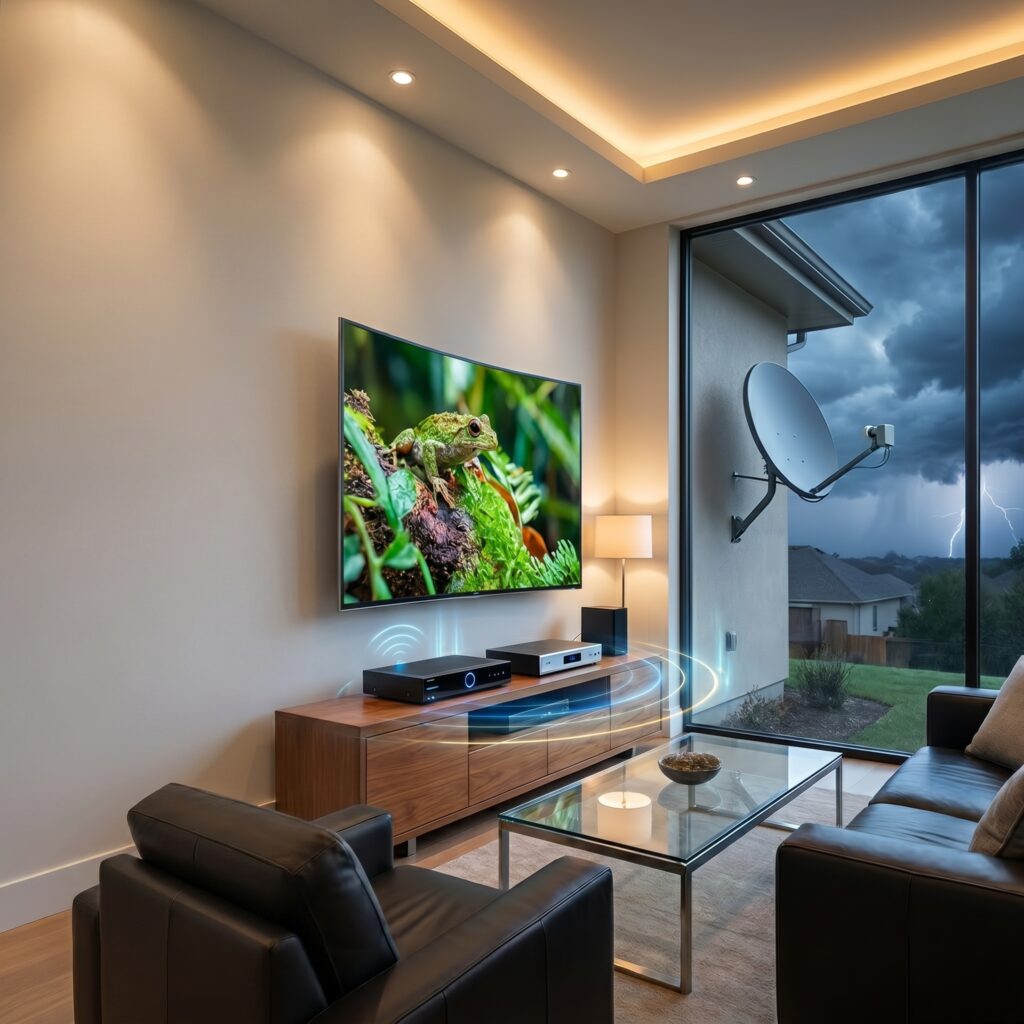 Modern living room with satellite TV equipment and outdoor dish connection