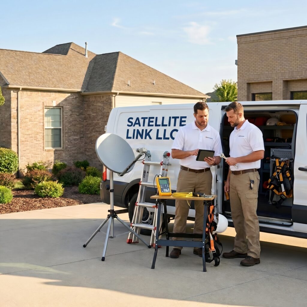 Satellite Link LLC technicians preparing satellite installation equipment near service van